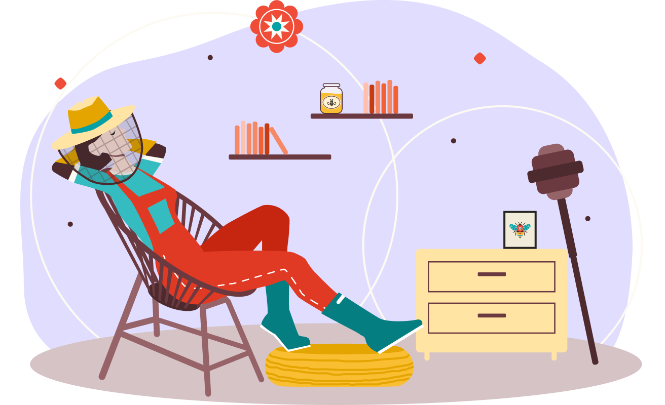 A female beekeeper taking a rest on a chair.
