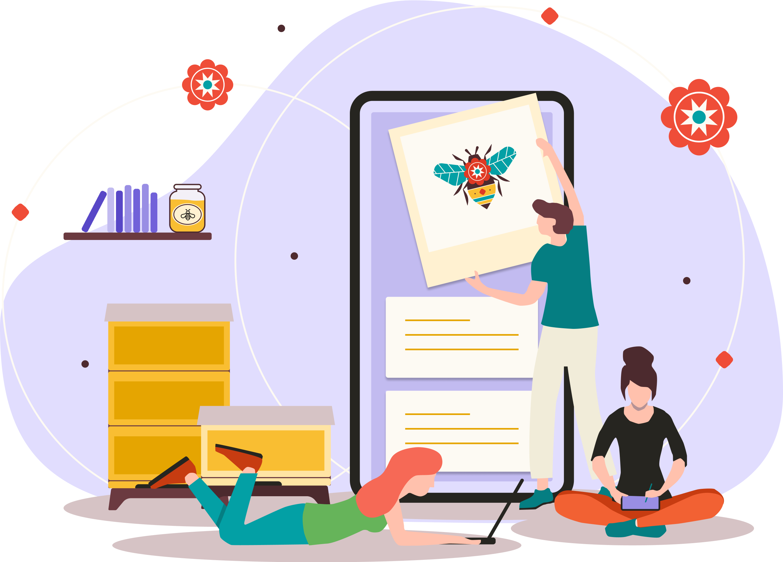 An illustration of three creatives drawing, programming and building an apiary app.
