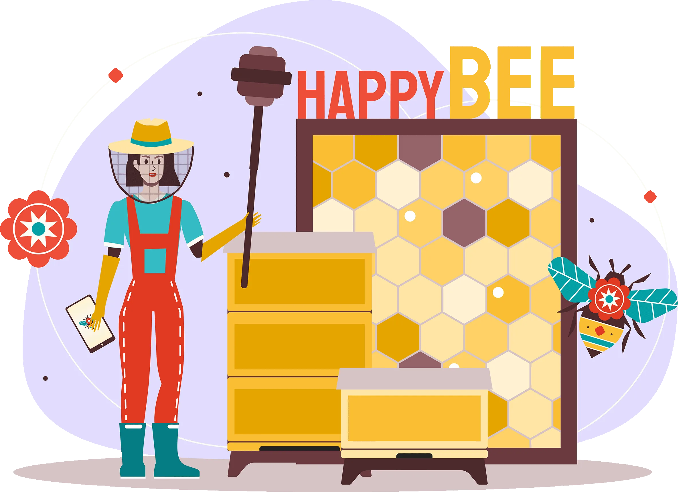 Illustration einer Imkerin neben zwei Bienenstöcken mit dem Schriftzug „Happy Bee“.